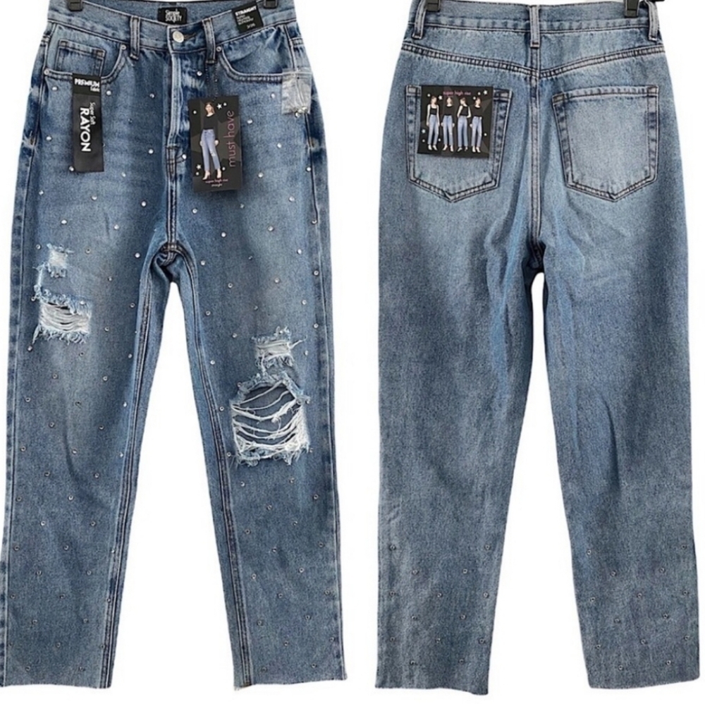 NWT Simple Society Straight Super Hi Rise Buttonfly distressed sequin jeans